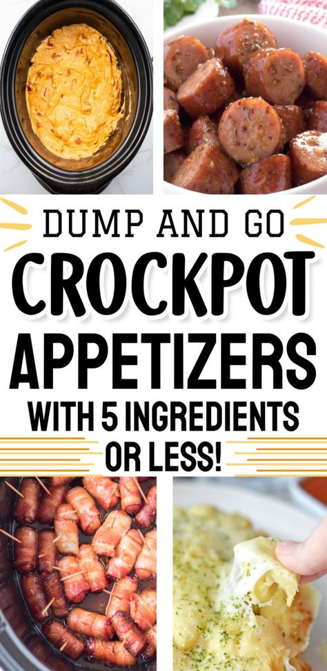 Feeding a crowd? On a Budget? These crockpot appetizers are SIMPLE make ahead appetizers with 5 ingredients or less! Many appetizer recipes only have 3 ingredients - super easy slow cooker party finger foods, appetizer bites and dips! Shareable Party Food, Five Ingredients Or Less Crockpot Meals, Party Appetizers For A Crowd Easy, Thanksgiving Crockpot Dips, Crock Pot Recipes Party, Easy Crockpot Appetizer Recipes, Mini Crock Pot Appetizers, Easy Slow Cooker Appetizers, Friendsgiving Food Ideas Crockpot