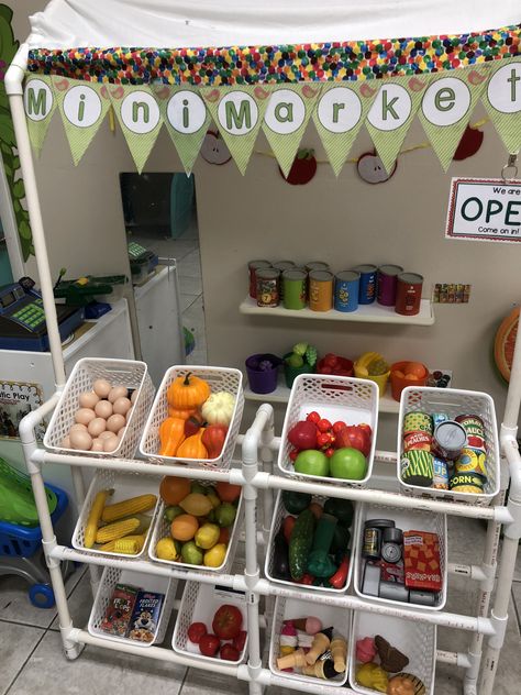 Dollar Tree Pretend Play, Daycare Eating Area Ideas, Diy Kids Grocery Store Play Market, Supermarket Role Play, Affordable Playroom Ideas, Play Market Diy, Diy Grocery Store For Kids, Diy Play Market, Grocery Store Classroom