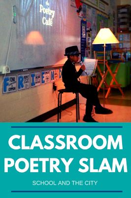 Host a Poetry Slam in Your Elementary Classroom (blog post by School and the City) Poetry Slam For Kids Classroom, Classroom Poetry Cafe, Poetry Party Ideas, Poetry Slam Aesthetic, Poetry Classroom, Theater Classroom, Student Goals Bulletin Board, Poetry Cafe, Elementary Poetry