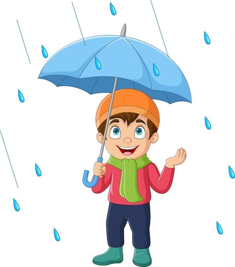 Rainy Cartoon, Raining Illustration, Rain Cartoon, Swimming Cartoon, Umbrella In The Rain, Umbrella Drawing, Weather Games, Holding Umbrella, Premium Vector Cartoon