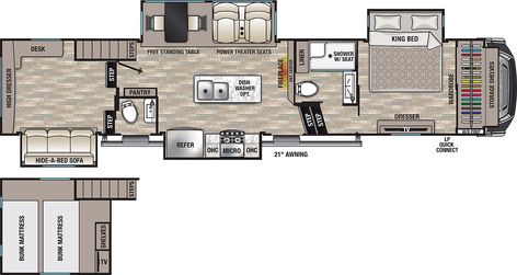 Family Rv Layout, Camper Floor Plans, Rv Layout, Camper Flooring, Bed Loft, Rv Redo, 5th Wheel Camper, Class A Motorhomes, Electric Awning