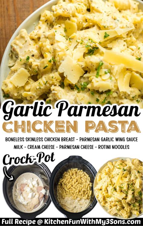 If you haven’t tried this viral Tik Tok recipe, what are you waiting for? Crockpot Garlic Parmesan Chicken Pasta is a super easy dump dinner that needs only 6 ingredients. It’s creamy, cheesy, and pleasing to even the pickiest eaters. Crockpot Recipes Garlic Parmesan Chicken Pasta, Creamy Garlic Parmesan Chicken Pasta Crockpot, Crockpot Bww Parmesan Garlic Chicken Pasta, Bw3 Garlic Parmesan Chicken Pasta, Crockpot Garlic Parmesan Chicken Pasta Cooking In The Midwest, Garlic Parmesan Pasta, Garlic Wings, Chicken Parmesan Pasta, Easy Crockpot Dinners