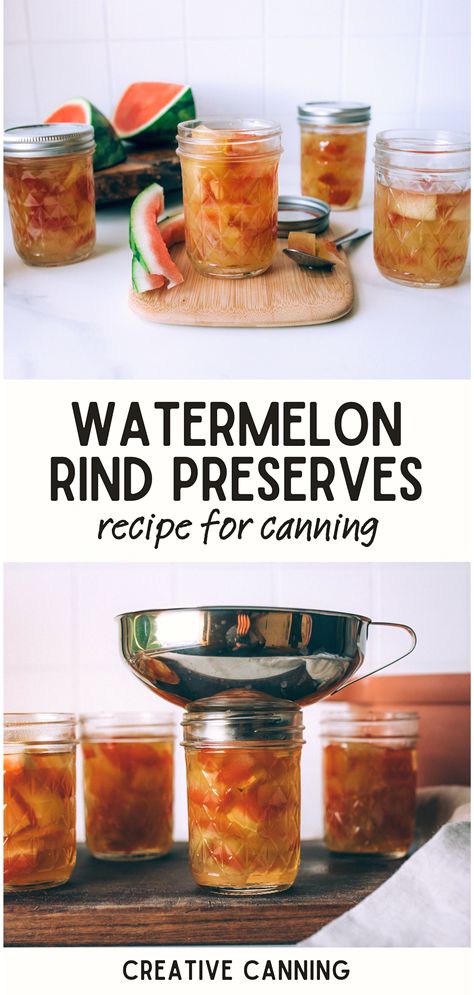 Broaden your culinary horizons with our watermelon rind preserves recipes. Using our easy to follow water bath canning method, you can transform the often-discarded watermelon rind into a delightful preserve. It's an unconventional yet easy watermelon recipe that not only adds variety to your canning fruit recipes but also reduces waste. Canned Watermelon Rind, Pickled Watermelon Rind Recipe Canning, Watermelon Rind Uses, Pickled Watermelon Rind Recipe Easy, Canning Watermelon Rind, Watermelon Preserves Recipe, Preserve Watermelon, Watermelon Canning Recipes, Watermelon Preserves