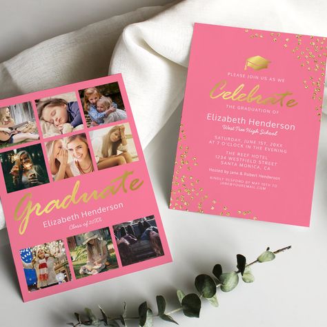 9 Photo Collage Pink Gold Graduation Party Invitation High School Graduation Party Invitations, Graduation Party Template, Modern High School, Graduation Party Cards, Pink Graduation, Graduation Invitations High School, Gold Graduation Party, Graduation Invitations Template, Party Template