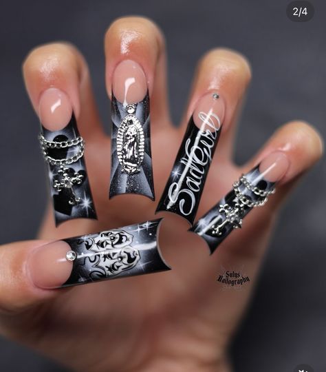 How To Airbrush Nails, Airbrush French Tip Nails, Lowrider Nail Designs, Airbrush Art Nails, Dama Nails, Lowrider Nails, Loud Nails, Chicana Nails, Raiders Nails