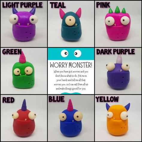 Worry Eater Monster, Easy Clay Sculptures For Kids, Clay Monsters Easy, Air Dry Clay Monsters, Air Dry Clay Figures Easy, Afterschool Crafts, Worry Monster, Easy Clay Sculptures, Cbt Worksheets