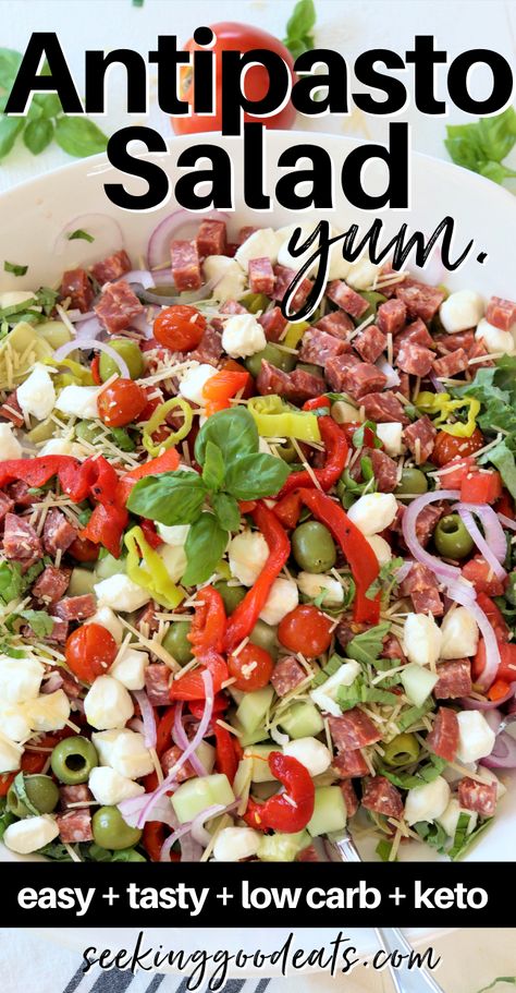 Italian Antipasto Salad recipe is a healthy salad! Your favorite antipasto ingredients - but in a yummy salad! Made with both fresh and marinated vegetables, salami &cheese over a bed of kale tossed with a tangydressing.. The perfect salad for a crowd or a main dish meal. Antipasto platter salad is a low carb keto salad. It is a healthy salad recipe that everyone can enjoy. #italian #antipasto #antipastosalad #lowcarb #keto #ketosalad #antipastoplatter #salad #easyrecipe #healthyrecipe #kale Antipasto Salad Platter, Italian Antipasto Salad, Platter Salad, Salad For A Crowd, Antipasto Salad Recipe, Italian Antipasto, The Perfect Salad, Keto Sides, Marinated Vegetables