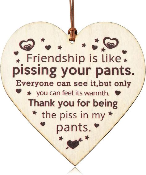 Funny Friendship Wooden Signs Get it here: https://amzn.to/3wwiX6H The best friend thank you wood plaque with saying engraved that "friendship is like pissing your pants, everyone can see it, but only you can feel its warmth, thank you for being the piss in my pants", perfect as humorous gag gifts for teens adult friends besties Thank You Best Friend, Prayer For Friendship, Friendship Signs, Woodsy Decor, Funny Friendship, Forever Gifts, Friendship Humor, Friends Sign, Anniversary Funny