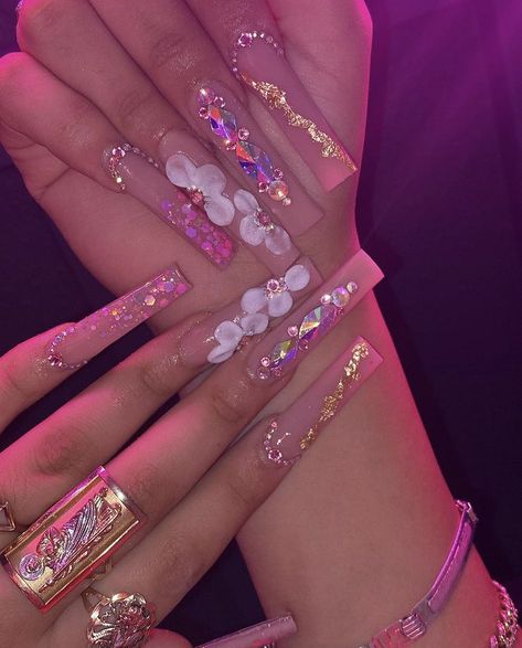 Rose Gold Nails Quinceanera, Long Acrylic Nails Glitter, Nails Quince, Gold Nails Acrylic, Pink Bling Nails, Rose Gold Nails Acrylic, Quinceanera Nails, Gold Acrylic Nails, Blue Acrylic Nails