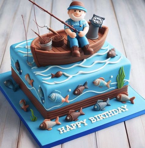 Fishing Theme Cake, Cheesecake Fudge, Ocean Birthday Cakes, Fish Cake Birthday, Boat Cake, Dad Birthday Cakes, 50th Cake, Christmas Cake Designs, Sea Cakes