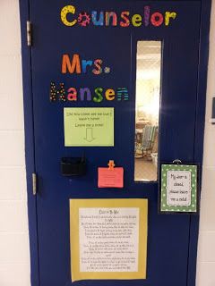 "My Door: I have a small mailbox with little notes that say, I came to see you so students can leave me a note if I am not there or my door is closed." School Counselor Mailbox Ideas, School Counselor Office Door, Counselor Classroom, School Counselor Door, School Counseling Office Decor, Counselor Door, Guidance Office, Social Work Offices, Counseling Office Decor