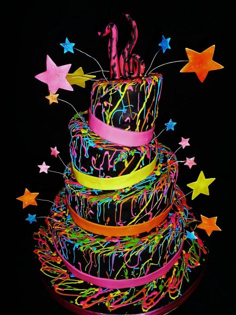 Glow in the Dark Party Ideas for Teenagers | Glow in the Dark themed " Lila Party, Neon Cakes, Sweet Sixteen Cakes, Teenage Parties, Glow In Dark Party, Glow Birthday Party, Blacklight Party, Neon Birthday, Glow Birthday