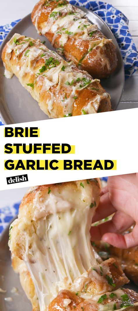 You're going to wish this Brie Stuffed Garlic Bread was free at every restaurant. Get the recipe at Delish.com. #recipe #easyrecipe #easy #cheese #bread #appetizer #italian Easy Cheese Bread, Bread Recipes Easy, Stuffed Garlic Bread, Healthy Appetizer Recipes, Garlic Bread Recipe, Easy Cheese, Easy Bread Recipes, Cheese Bread, Garlic Bread