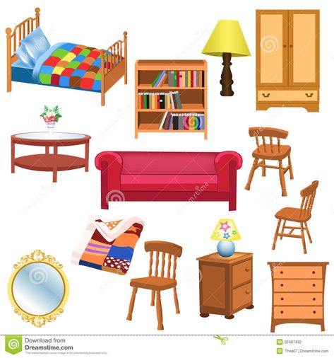 Illustration about Vector set of furniture for living room and bedroom, isolated on a white background. Illustration of table, blanket, living - 32487432 Furniture Clipart, Family Sofa, Kids Living Rooms, House Clipart, Paper Doll House, Kids Background, Free Furniture, Space Furniture, Art Furniture