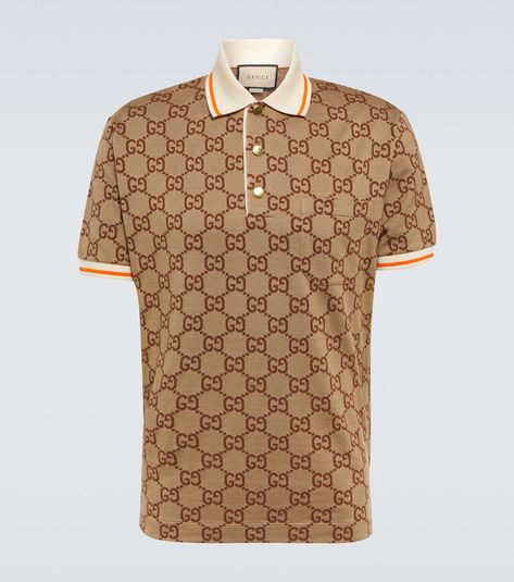 GG Jacquard Silk And Cotton Polo Shirt in Brown - Gucci | Mytheresa Gucci Polo Shirt, Smart Casual Men, Guccio Gucci, Gucci Outfits, Printed Polo Shirts, Polo Shirt White, Polo Blue, Polo Sweater, Pique Polo Shirt