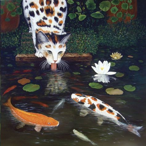 Cat And Koi Fish, Carpe Koi, Square Wall Art, Whimsical Cats, A Pond, Unique Cats, Calico Cat, Round Beach Towels, Cat Decor