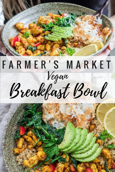 This farmer's market vegan breakfast bowl is the ultimate vegan breakfast! It's loaded with hash browns, quinoa and scrambled tofu! #veganbreakfast #healthybreakfast #scrambledtofu Vegan Breakfast Bowl, Scrambled Tofu, Plant Based Breakfast, Breakfast Bowl, Hash Browns, Vegetarian Breakfast, Vegan Breakfast Recipes, Farmer's Market, Vegan Breakfast