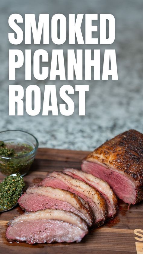 Smoked picanha roast sliced into steaks on a wooden board. Smoked Picanha, Top Sirloin Cap, Smoker Recipes Brisket, Sirloin Cap, Big Green Egg Recipes, Top Sirloin, Green Egg Recipes, Grilled Roast, Pellet Grill Recipes