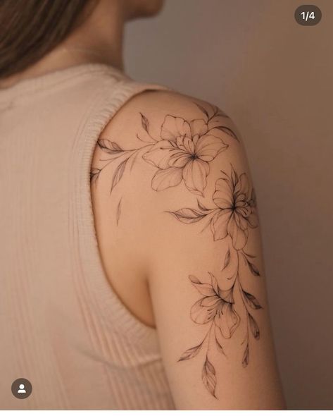 Shoulder Bicep Tattoos For Women, Floral Shoulder Cap Tattoo Fine Line, Shoulder And Collarbone Tattoo, Sundrop Flower Tattoo, Delicate Shoulder Tattoo, Mandala Shoulder Cap Tattoo, Over The Shoulder Tattoo, Cherry Blossom Shoulder Tattoo, Fine Line Shoulder Tattoo