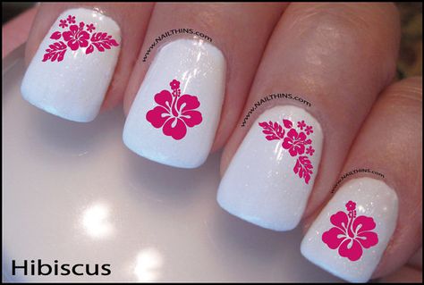 Nail Designs Hibiscus, Hawaiian Nails, Hawaii Nails, Tropical Nail Designs, Water Slide Decals, Christmas Manicure, Tropical Nails, Summery Nails, Really Cute Nails