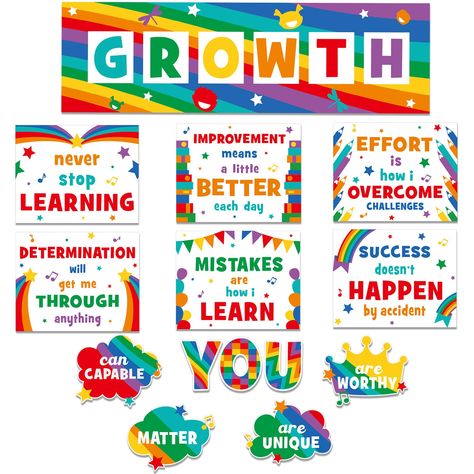 PRICES MAY VARY. What You Can Get: you will receive growth mindset bulletin board set, including 1 growth banner, 6 sheets of inspirational posters and 5 bubble shaped cutouts, motivational and colorful, suitable for decorating your classroom Quality Material: the growth classroom decorations are made of quality 200 g coated paper, reliable and strong, not easy to break or deform, and the printed colors are not easy to fade, which can be applied for a long time Different Sizes: the classroom pos Inspirational Bulletin Boards, Posters Motivational, Growth Mindset Bulletin Board, Growth Mindset Classroom, Bulletin Board Paper, Calming Corner, Education Poster Design, Paper Cutouts, Bulletin Board Sets