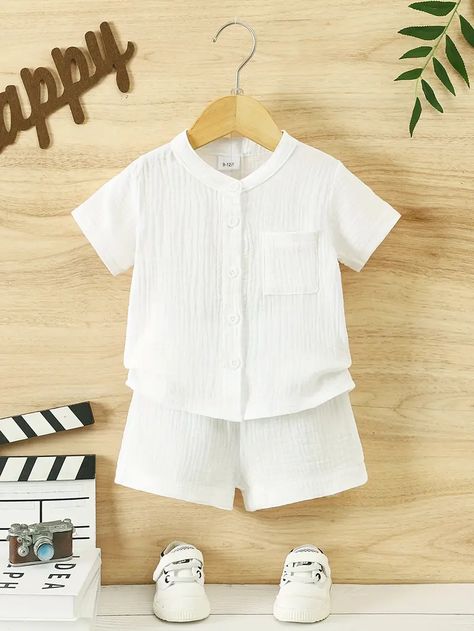 Baby Girls Boys Summer Cotton Outfit Set Comfortable Short - Temu Clothes For Beach Vacation, Baby Boy White Outfit, Muslin Outfit, Cotton Outfit, Shorts Casual, Summer Boy, Boys Casual, Kids Shorts