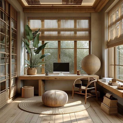 The Gentle Art of Zen Style in Home Interior Design • [ArtFacade] Bali Style Home Office, Zen Style Office, Home Interior Design Japanese, Zen Library Room, Zen Home Office Ideas, Minimal Muji Home, Japanese Zen Interior Design, Peaceful Home Aesthetic, Japanese Minimalist Interior