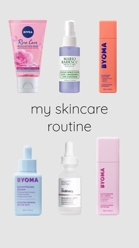 My skincare routine! Nivea rose face wash, mario badescu purple/lavender, Byoma balancing face mist toner/orange, Byoma brightening serum/blue, the ordinary niacinamide 10% + Zinc 1% serum, Byoma moisturising gel-cream/pink. Ordinary Niacinamide, Rose Face, My Skincare Routine, Mario Badescu, Face Mist, Brightening Serum, Purple Lavender, Gel Cream, Face Wash