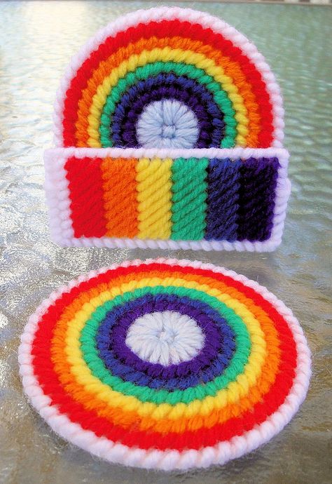 Rainbow Coasters_Plastic Canvas Plastic Canvas Patterns Free Coasters, Plastic Canvas Coasters Patterns Free, Embroidery Floss Projects, Rainbow Coasters, Wool Crafts Diy, Canvas Coasters, Playing Card Holder, Plastic Canvas Coasters, Plastic Canvas Stitches