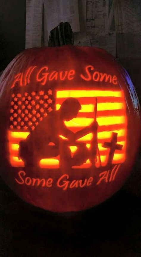 This was carved by my friends Mark and Anissa Hodges. It is posted  for my family and friends deployed overseas and those who have honorably served to keep me safe. Shared by Anna Rupal Barnes via Facebook Zombie Pumpkins, Cute Pumpkin Carving, Pumkin Carving, Pumpkin Decorating Contest, Some Gave All, Pumpkin Carving Designs, Pumpkin Carving Patterns, Carved Pumpkin, Pumpkin Carving Templates