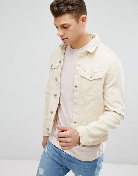 Beige Denim Jacket, Denim Jacket Men Outfit, Cream Denim Jacket, Ecru Denim, Jean Jacket Outfits, Outdoor Coats, Denim Jacket Outfit, Jackets Denim, Outfits Hombre