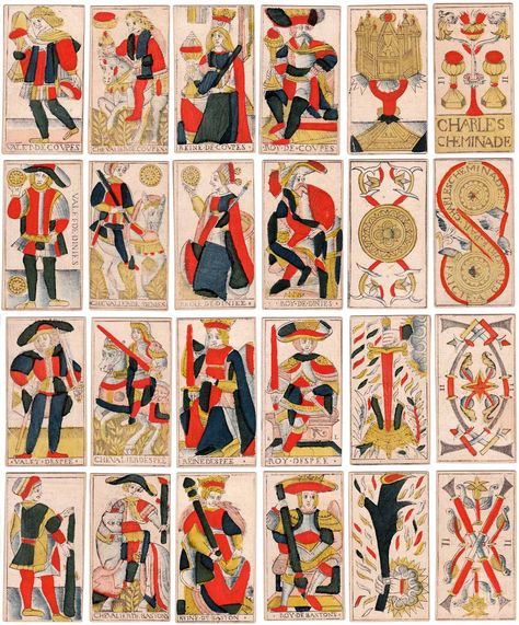 Marseille Tarot court cards by Charles Cheminade of Grenoble, France, early 18th century Tarot Court Cards, Tarot Marseille, Marseille Tarot, Grenoble France, Court Cards, Woodblock Printing, Italian Suit, The South Of France, Letter V