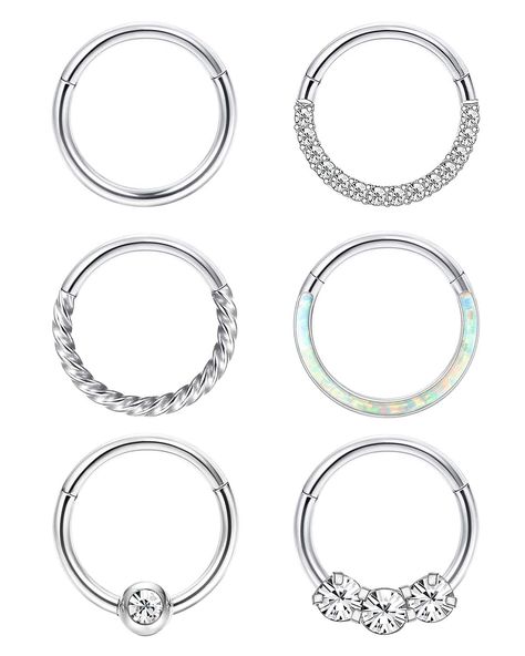 PRICES MAY VARY. ❤【18G Septum Rings】Ring size: 18 gauge (thickness: 1.0mm), inner diameter 10mm (25/64 inches). One order includes 6pcs nose rings hoops in different styles, opal septum ring, cz nose ring, twisted nose ring and simple nose hoops. Mix styles nose piercings give you more choices, make you more stylish and charming. ❤【Hypoallergenic Material】Dainty nose rings are made of 316L surgical stainless steel, hypoallergenic, lead & nickel free, safe for sensitive skin. High polished and sm Opal Septum, Tragus Helix Piercing, Septum Piercing Jewelry, Septum Hoop, Daith Piercing Jewelry, Tragus Piercing Jewelry, Septum Nose Rings, Septum Rings, Helix Piercing Jewelry