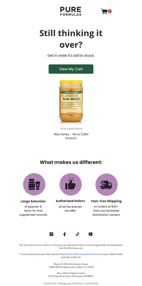 An awesome Cart abandonment email example from PureFormulas. View 100+ more email templates and examples and get inspiration for your next email design with MailCharts! #EmailDesign #EmailMarketing #EmailInspiration #CartAbandonmentEmail Email Campaign Template, Abandoned Cart Email Examples, Abandoned Checkout Email Design, Browse Abandonment Email, Abandoned Cart Email Design, Edm Design Email Marketing, Email Marketing Campaign Ideas, Email Marketing Newsletter Design, Email Campaign Design
