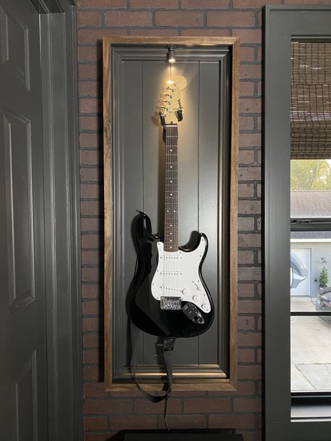 Guitar Display Case - Sawdust 2 Stitches Guitar Display Ideas, Guitar Hanging Ideas, Guitar Display Case, Man Decor, Guitar Display, Whiskey Room, Manly Decor, Guitar Hanger, Guitar Painting