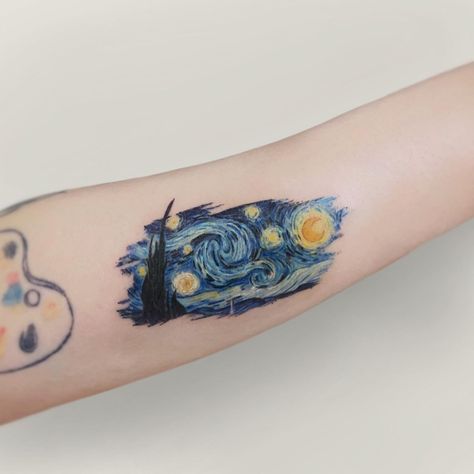 Starry Night Tattoo, Dumbest Tattoos, Van Gogh Tattoo, Hard Tattoos, Night Tattoo, White Ink Tattoo, Tatuaje A Color, The Starry Night, Dream Tattoos