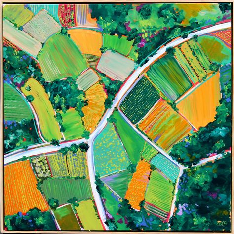 ""A fork in the road" - Abstract aerial landscape Framed" by Eve Izzett. Paintings for Sale. Bluethumb - Online Art Gallery Aerial Views Landscape Painting, Map Painting Art, Aerial Landscape Paintings, Birds Eye View Art, Birds Eye View Painting, Map Painting Ideas, Aerial Landscape Photography, Birds Eye View Landscape, Birds Eye View Illustration