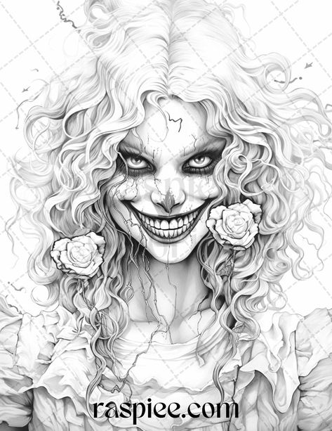 50 Scary Clown Girls Grayscale Coloring Pages Printable for Adults, PDF File Instant Download Scary Coloring Pages, Evil Clown Tattoos, Prison Art, Female Clown, Creepy Drawings, Scary Clown, Grayscale Image, Grayscale Coloring Pages, Adult Coloring Designs