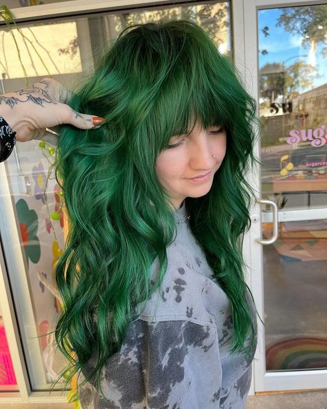 Lime Hair Color, Hairdye Inspo Long Hair, Shoulder Length Green Hair, Blue And Green Hair Ideas, Green Striped Hair, Dark Brown And Green Hair, Dark Blue And Green Hair, Swamp Hair, Green Hair Brown Eyes