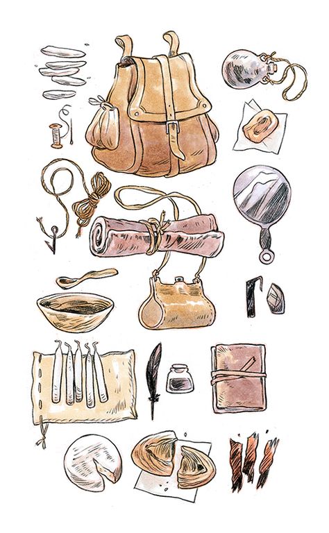 General Inventory - by Marian Churchland Fantasy Items Design, Marian Churchland, Inventory Art, Supraviețuire Camping, Props Art, Fantasy Props, Dnd Art, Prop Design, 판타지 아트