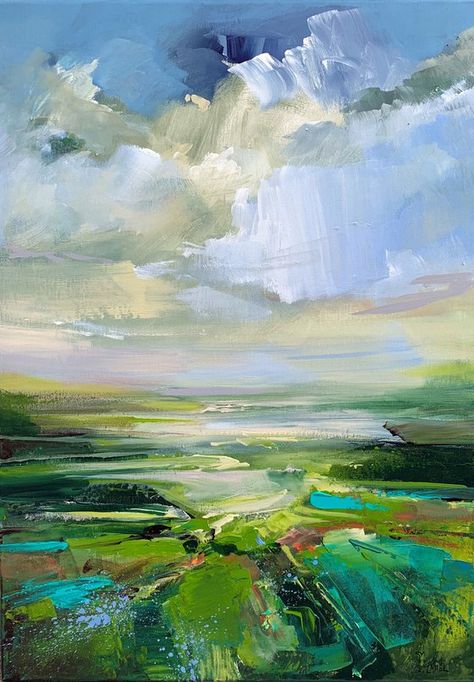 Landscape Clouds, Clouds Landscape, Green Painting, Landscape Modern, Contemporary Landscape Painting, Green Paintings, Soyut Sanat Tabloları, Summer Green, Sky Landscape