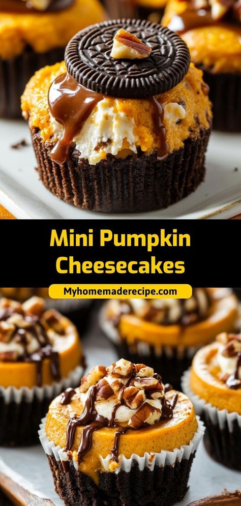 These mini pumpkin cheesecakes are creamy, spiced, and perfect for fall. A deliciously bite-sized treat for pumpkin lovers! Ingredients: 8 oz cream cheese ½ cup pumpkin puree 1 cup graham cracker crumbs ½ cup sugar Enjoy these mini pumpkin cheesecakes as a sweet, autumn-inspired dessert Pumpkin Cheesecake Bites, Pumpkin Cheesecakes, Mini Pumpkin Cheesecake, Creamy Pumpkin Soup, Pumpkin Filling, Pecan Topping, Pumpkin Dishes, Filled Muffins, Cheese Pumpkin