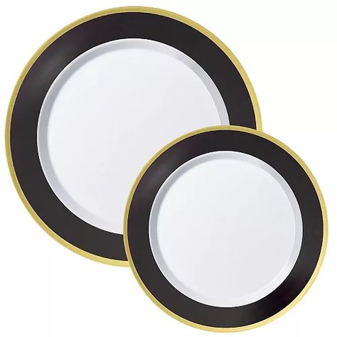 Round Premium Plastic Dinner (10.25in) & Dessert (7.5in) Plates with Black & Gold Border, 20ct Plastic Party Plates, Disposable Plastic Plates, Summer Party Themes, Diy Balloon Decorations, Balloon Shop, Graduation Party Supplies, Party Kits, Sports Themed Party, Gold Border