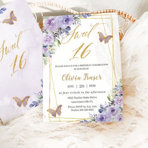 Sweet 16 Sixteen Purple Lilac Floral Butterflies  Invitation Butterfly Sweet 16, Elegant Birthday Invitations, Sweet Sixteen Birthday Party Ideas, 16 Invitations, Butterfly Invitations, Floral Birthday Invitations, 16th Birthday Invitations, Sweet Sixteen Invitations, Sixteenth Birthday