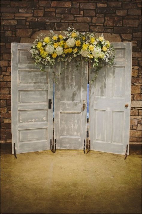 Gray And Yellow Wedding, Wedding Ceremony Backdrop Indoor, Diy Garlands, Door Backdrops, Cone Wreath, Wedding Arch Rustic, Wedding Doors, Indoor Wedding Ceremonies, Wedding Backdrops