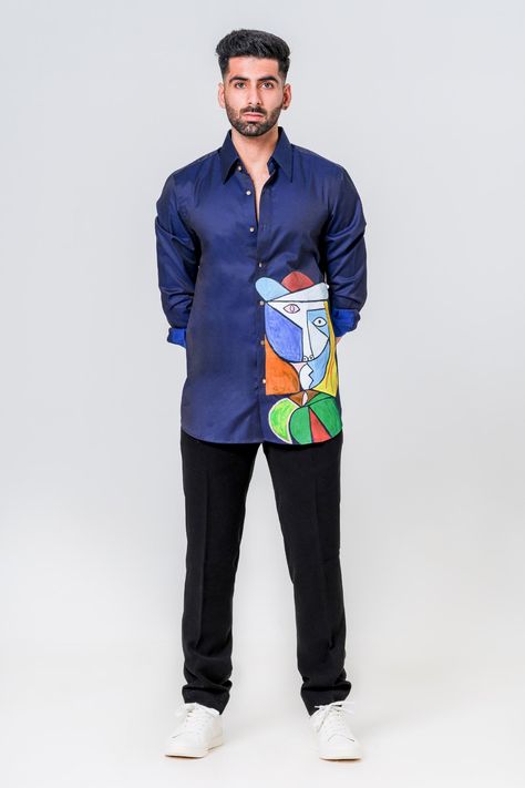 Shop for Amrit Dawani Blue Luxe Cotton Abstract Motif Hand Painted Shirt for Men Online at Aza Fashions Hand Painted Tshirts Ideas For Men, Hand Painted Shirts For Men, Hand Painted Shirts, Hand Printed Shirt, Painted Shirt, Fabric Paint Shirt, Mens Dress Outfits, Mid Night, Painted Clothes Diy