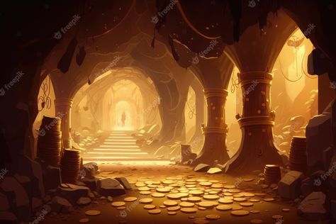 Treasure Cave Concept Art, Golden City Fantasy Art, Cave City Fantasy Art, Mining Aesthetic, Fantasy Mine, Fantasy Cave, Desert Cave, Lost City Of Gold, Gold Drawing