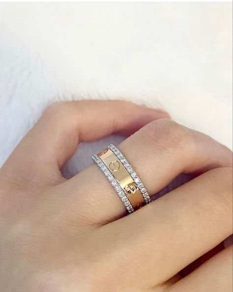 Cartier Love Ring Rose Gold Stack, Cartier Love Ring Diamond, Diamond Band Stack, Cartier Wedding Bands, Cartier Love Wedding Band, Stacked Diamond Bands, Gold Candy, Cartier Love Ring, Stacked Wedding Rings