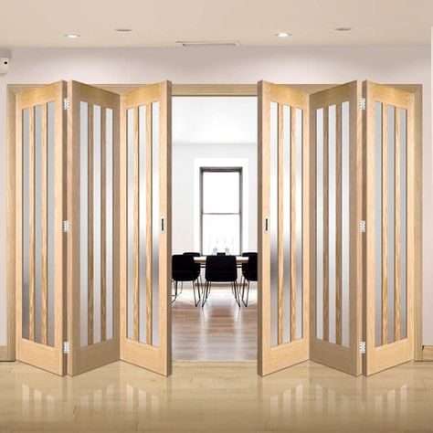 Accordion Folding Doors Wood, Retractable Doors Room Dividers, Sliding Folding Partition, Folding Door Design, Folding Doors Ideas, Deur Makeover, Folding Doors Internal, Living Room Sliding Doors, Partition Doors