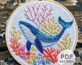 Seaweed Embroidery, Sea Embroidery, Coral Embroidery, Whale Embroidery, Embroidery Beginner, Ocean Magic, Ocean Wildlife, Ocean Pattern, Summer Sewing Projects